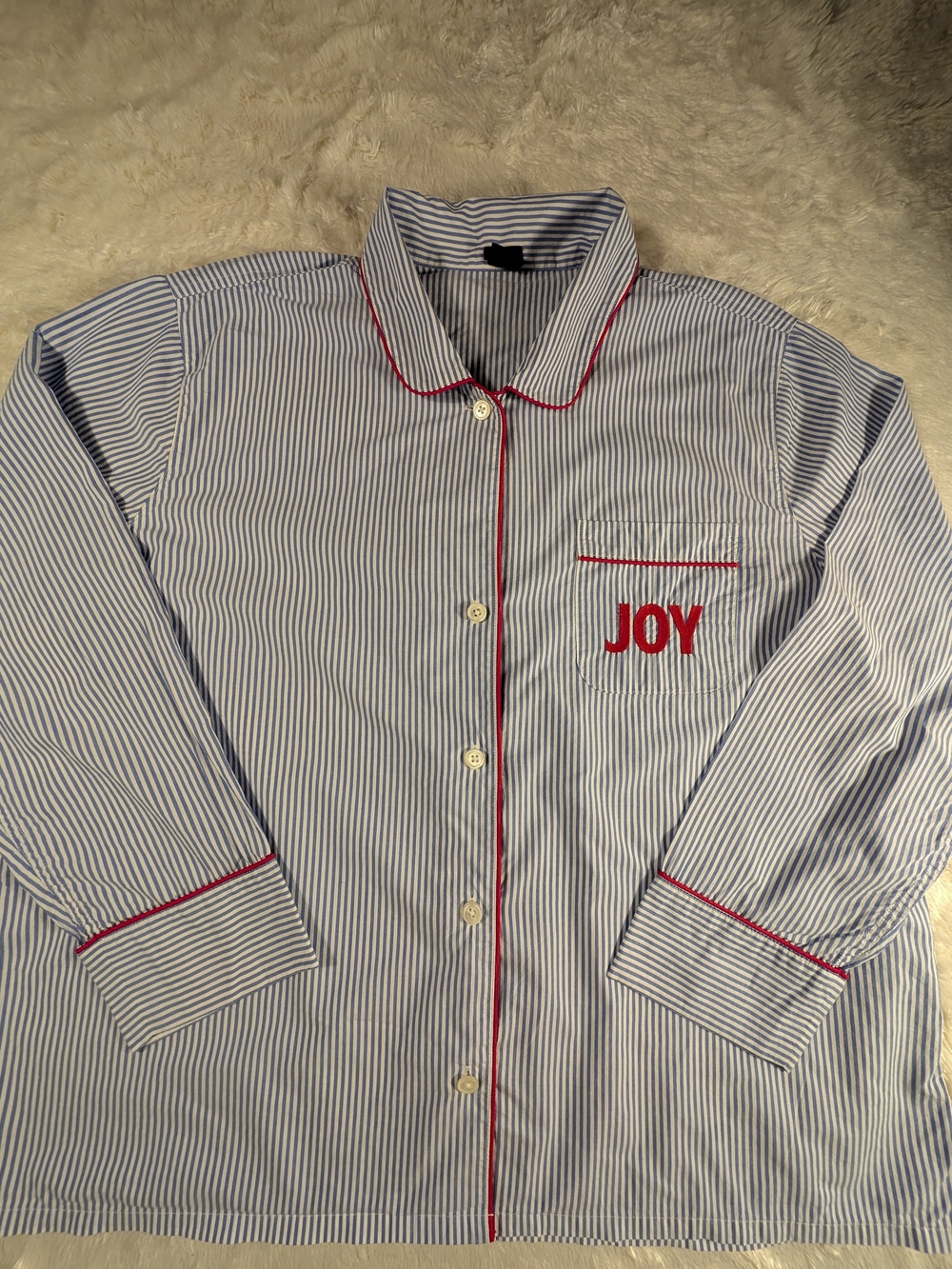 J. Crew Blue & White Striped Pajama Top with Red Trim and JOY Embroidery